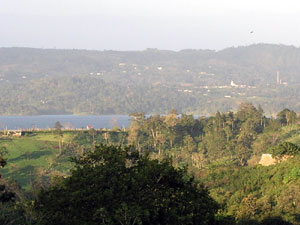 Nuevo Arenal can be seen in its hilltop location in this view taken from the southern side of Lake Arenal.